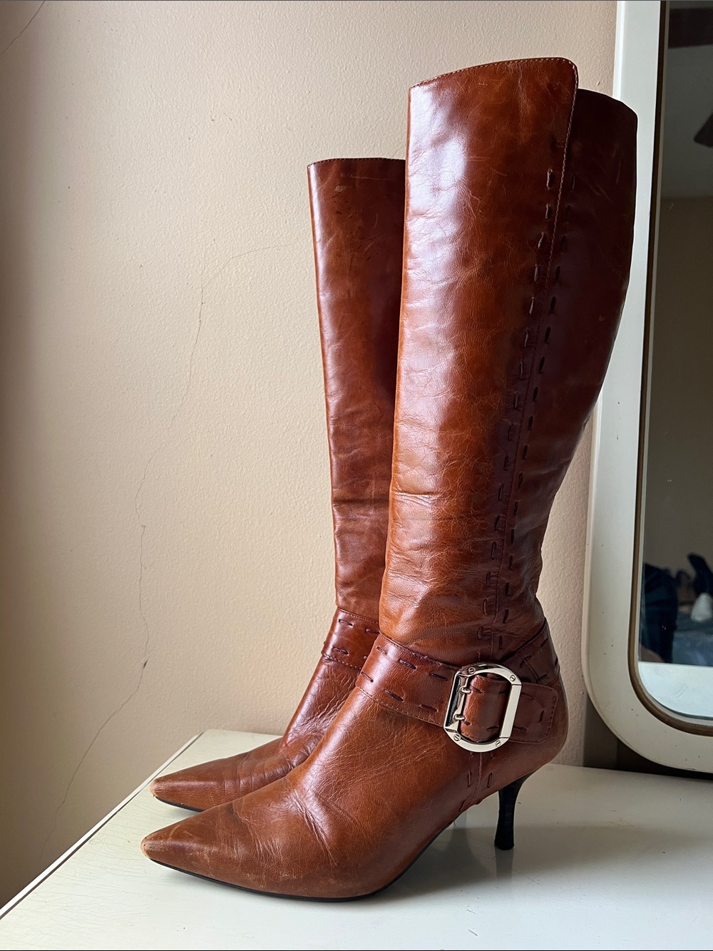 Nine West Tall Brown Leather Pointed-Toe Buckle Heeled Boots